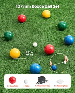 image-VEVOR Bocce Ball Set, 107 mm, with 8 Resin Balls, Pallino, Carrying Bag and Measuring Rope, Red/Green/Blue/Yellow 4 Colors, for 2 to 8 Players, Bocce Ball Game Set for Beach, Lawn, Family Backyard