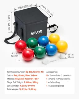 image-VEVOR Bocce Ball Set, 107 mm, with 8 Resin Balls, Pallino, Carrying Bag and Measuring Rope, Red/Green/Blue/Yellow 4 Colors, for 2 to 8 Players, Bocce Ball Game Set for Beach, Lawn, Family Backyard