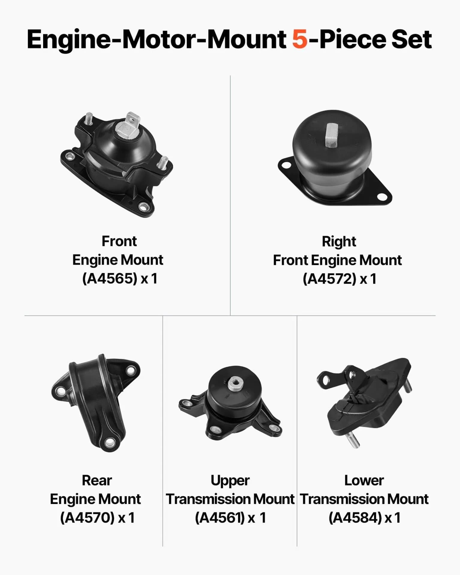 image-VEVOR Engine Motor Mount and Transmission Mount Kit Replacement, Set of 5, Compatible with 2008-2012 Honda Accord 2.4L L4 and 2009-2013 Acura TSX 2.4L, Replace OE# A4565 A4572 A4570 A4584 A4561