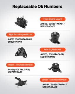 image-VEVOR Engine Motor Mount and Transmission Mount Kit Replacement, Set of 5, Compatible with 2008-2012 Honda Accord 2.4L L4 and 2009-2013 Acura TSX 2.4L, Replace OE# A4565 A4572 A4570 A4584 A4561