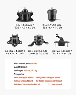 image-VEVOR Engine Motor Mount and Transmission Mount Kit Replacement, Set of 5, Compatible with 2008-2012 Honda Accord 2.4L L4 and 2009-2013 Acura TSX 2.4L, Replace OE# A4565 A4572 A4570 A4584 A4561