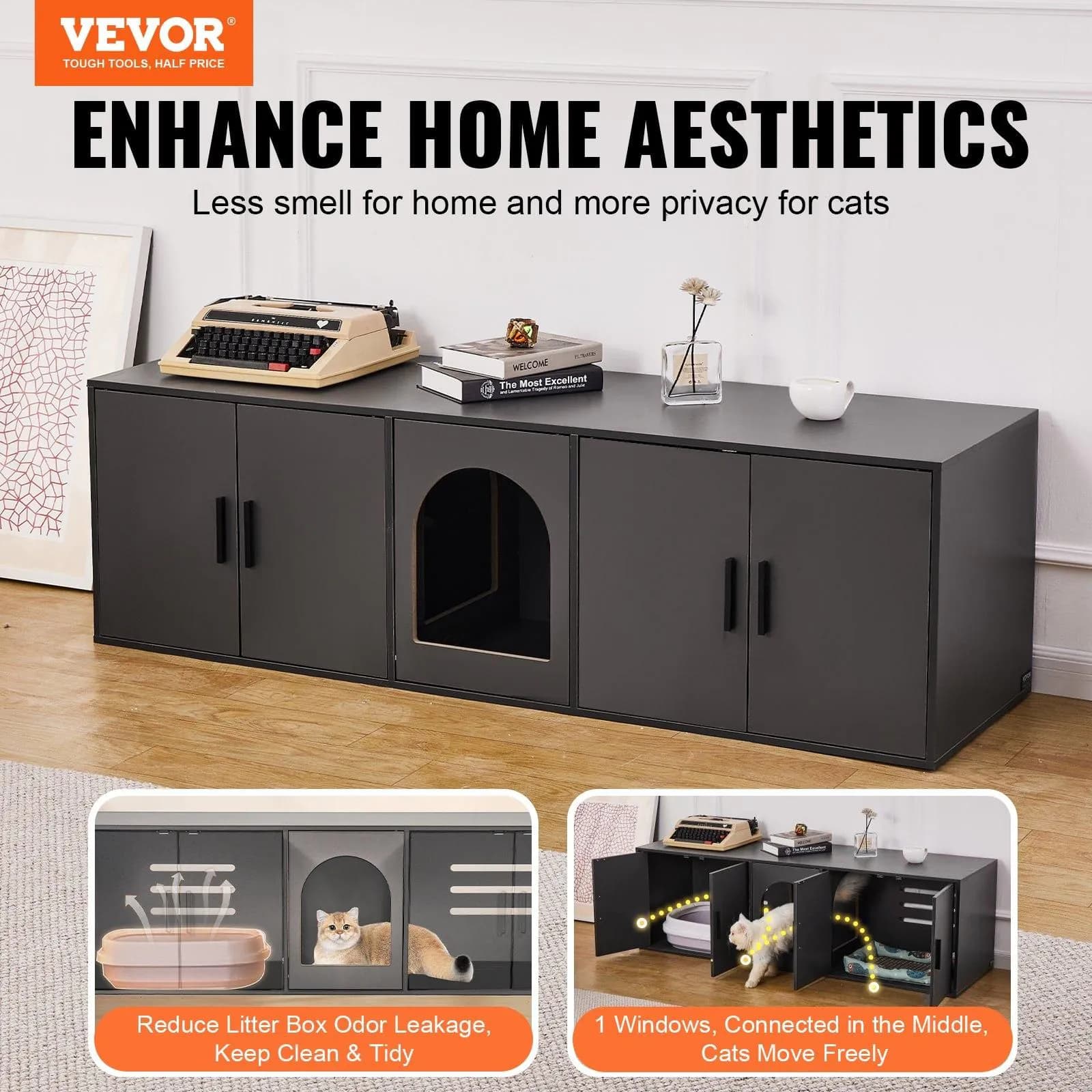 image-VEVOR Cat Litter Box Enclosure for 2 Cats, Litter Box Furniture Hidden with Double Rooms, Wooden Cat Box Cabinet Fit Most of Litter Box, 57.9"L x 18.3"W x 17.9"H, Black