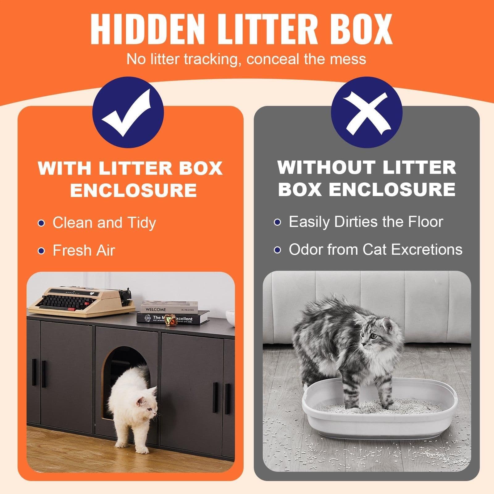 image-VEVOR Cat Litter Box Enclosure for 2 Cats, Litter Box Furniture Hidden with Double Rooms, Wooden Cat Box Cabinet Fit Most of Litter Box, 57.9"L x 18.3"W x 17.9"H, Black
