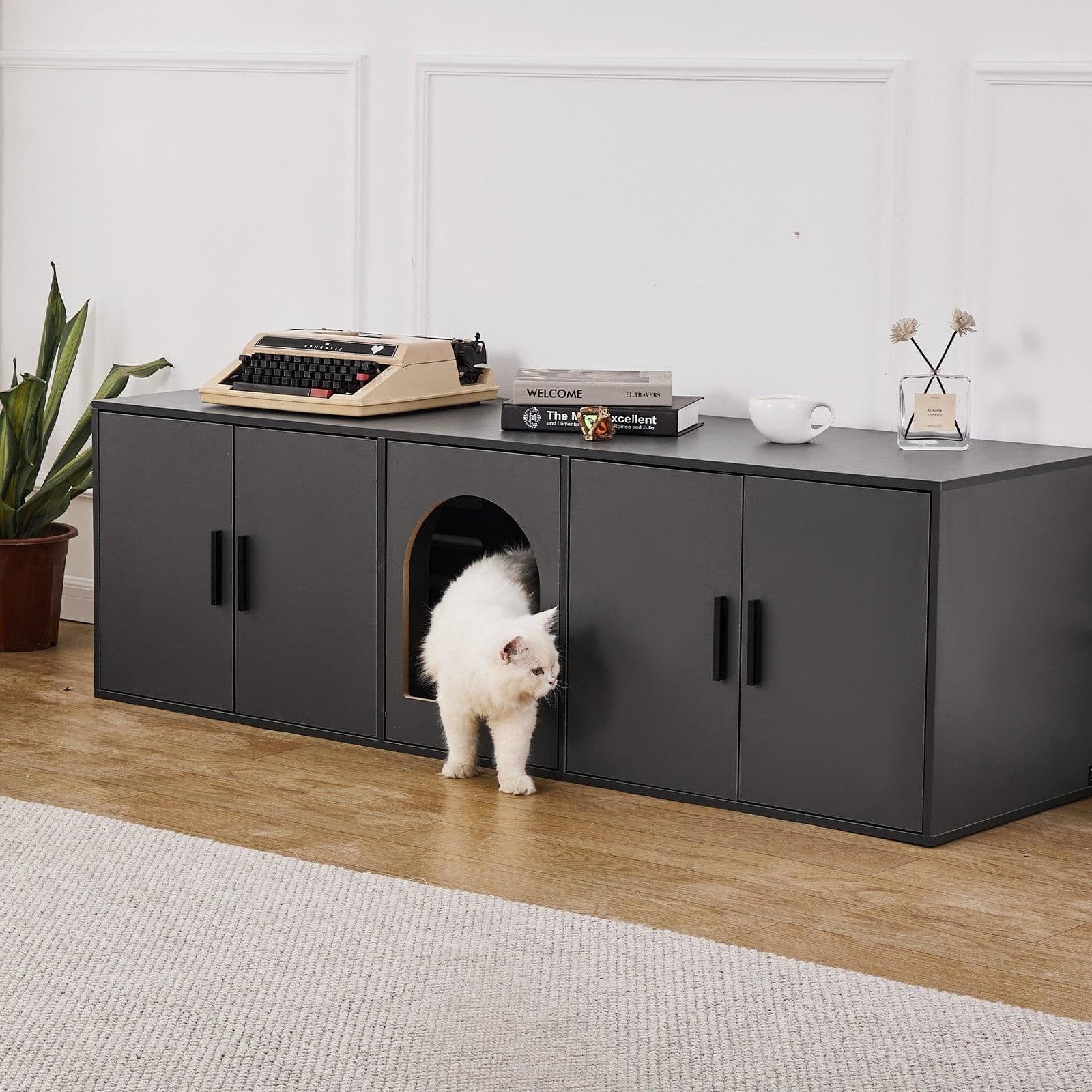 image-VEVOR Cat Litter Box Enclosure for 2 Cats, Litter Box Furniture Hidden with Double Rooms, Wooden Cat Box Cabinet Fit Most of Litter Box, 57.9"L x 18.3"W x 17.9"H, Black