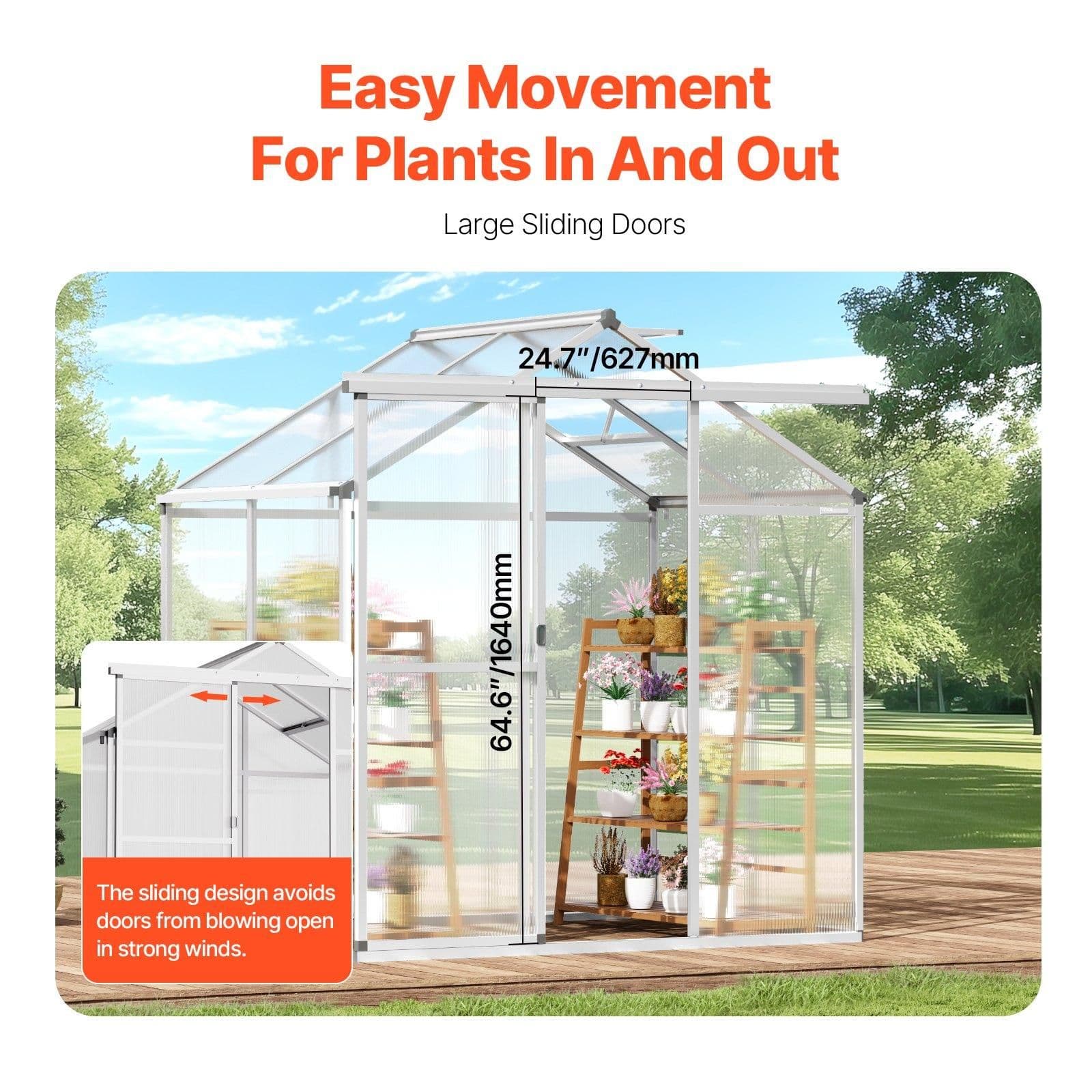 image-VEVOR Polycarbonate Greenhouse, 6 x 4 Ft, Outdoor Greenhouse with Adjustable Vent Windows, Pavilion Styled Greenhouse with Sliding Door, Aluminum Large Walk-in Greenhouse Kit for Garden Backyard