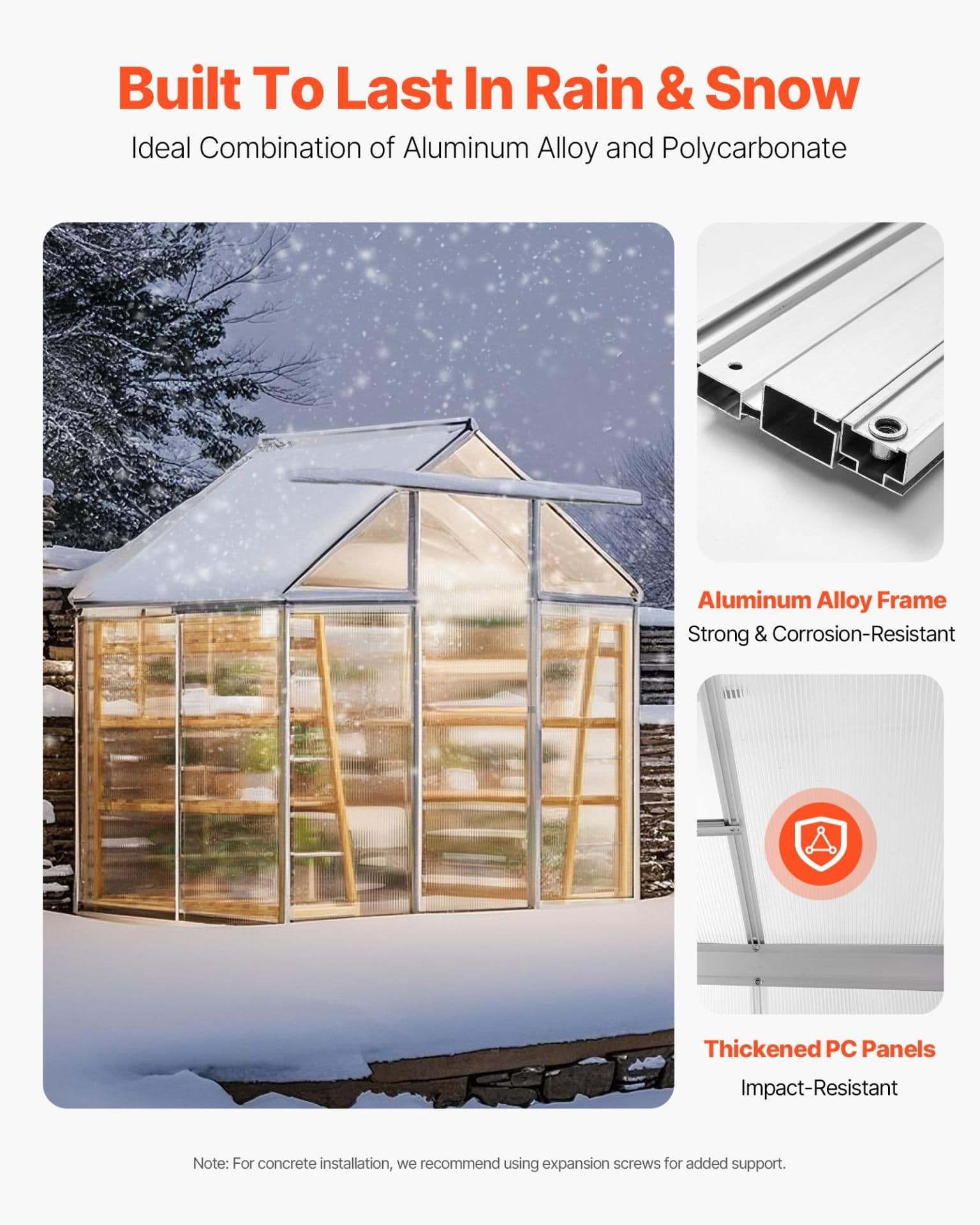 image-VEVOR Polycarbonate Greenhouse, 6 x 4 Ft, Outdoor Greenhouse with Adjustable Vent Windows, Pavilion Styled Greenhouse with Sliding Door, Aluminum Large Walk-in Greenhouse Kit for Garden Backyard