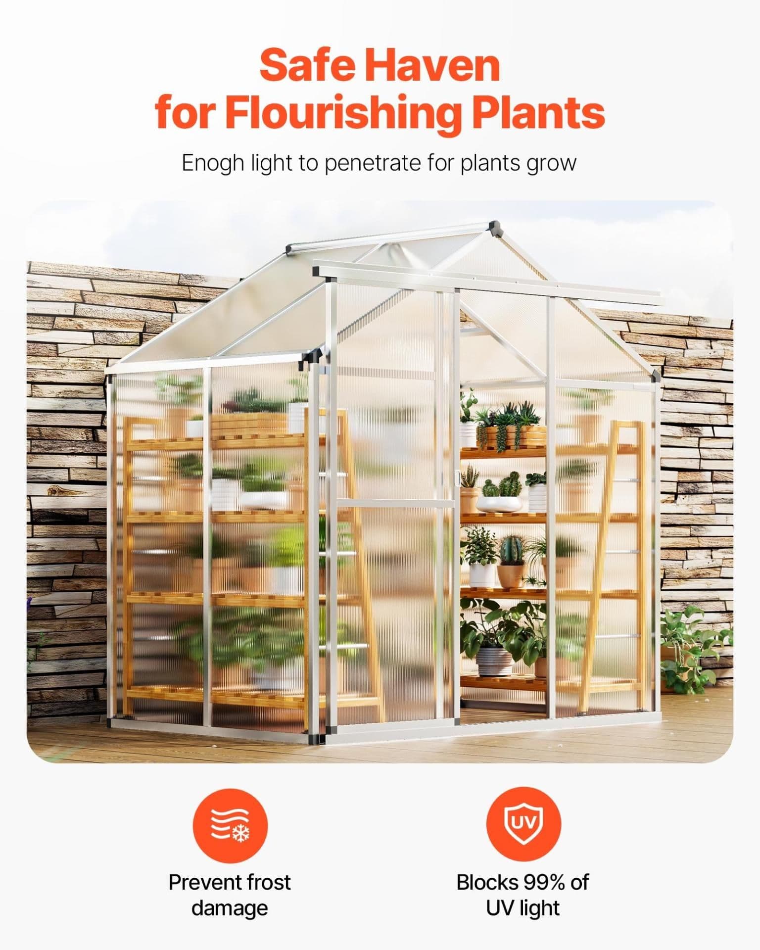 image-VEVOR Polycarbonate Greenhouse, 6 x 4 Ft, Outdoor Greenhouse with Adjustable Vent Windows, Pavilion Styled Greenhouse with Sliding Door, Aluminum Large Walk-in Greenhouse Kit for Garden Backyard