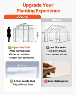 image-VEVOR Polycarbonate Greenhouse, 6 x 4 Ft, Outdoor Greenhouse with Adjustable Vent Windows, Pavilion Styled Greenhouse with Sliding Door, Aluminum Large Walk-in Greenhouse Kit for Garden Backyard