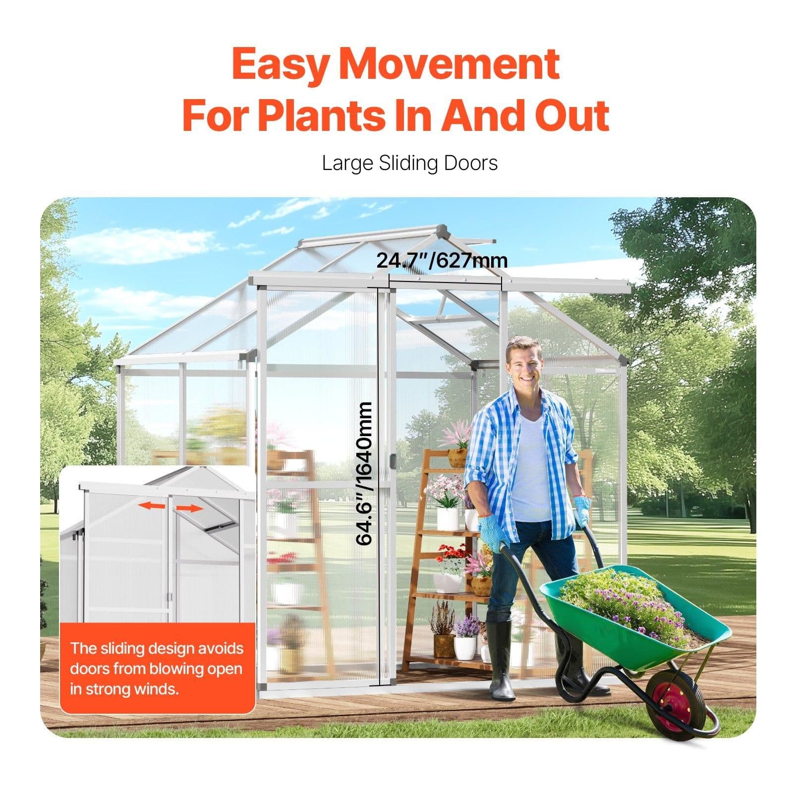 image-VEVOR Polycarbonate Greenhouse, 6 x 4 Ft, Outdoor Greenhouse with Adjustable Vent Windows, Pavilion Styled Greenhouse with Sliding Door, Aluminum Large Walk-in Greenhouse Kit for Garden Backyard