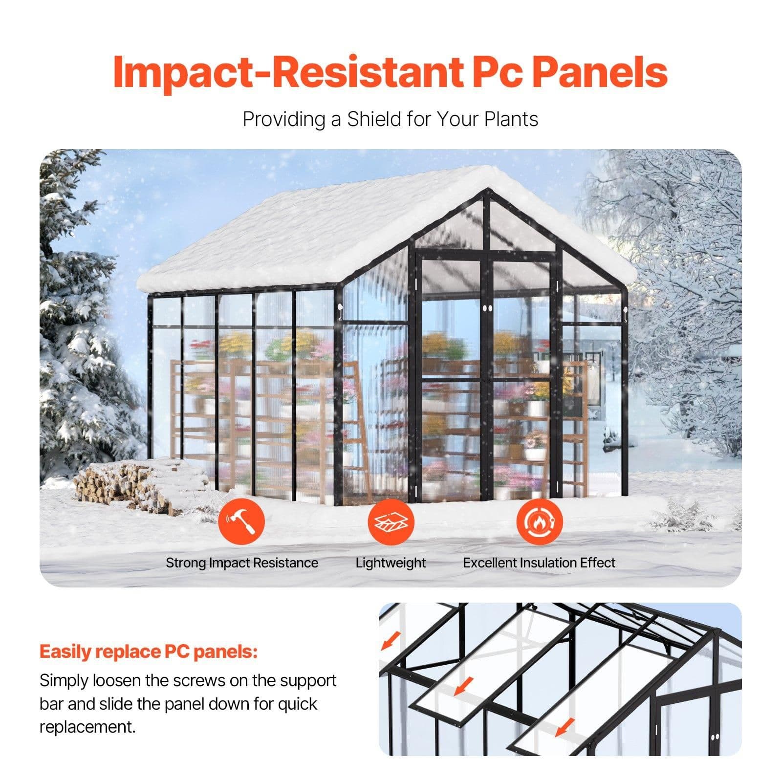 image-VEVOR Polycarbonate Greenhouse, 8 x 10 Ft, Outdoor Greenhouse with 2 Vent Windows, Pavilion Styled Greenhouse with Hinged Door, Aluminum Large Walk-in Greenhouse Kit for Outside Garden Backyard