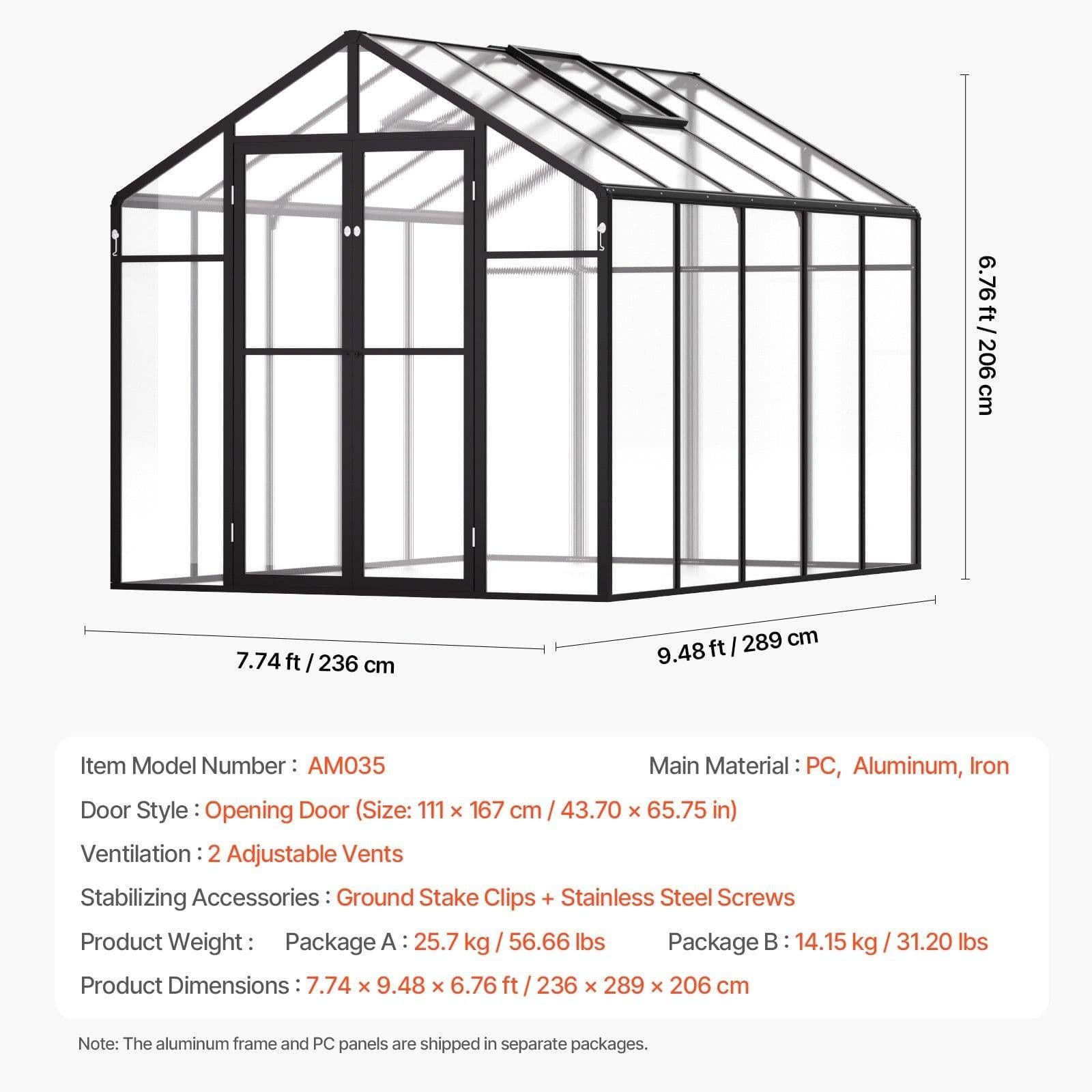 image-VEVOR Polycarbonate Greenhouse, 8 x 10 Ft, Outdoor Greenhouse with 2 Vent Windows, Pavilion Styled Greenhouse with Hinged Door, Aluminum Large Walk-in Greenhouse Kit for Outside Garden Backyard