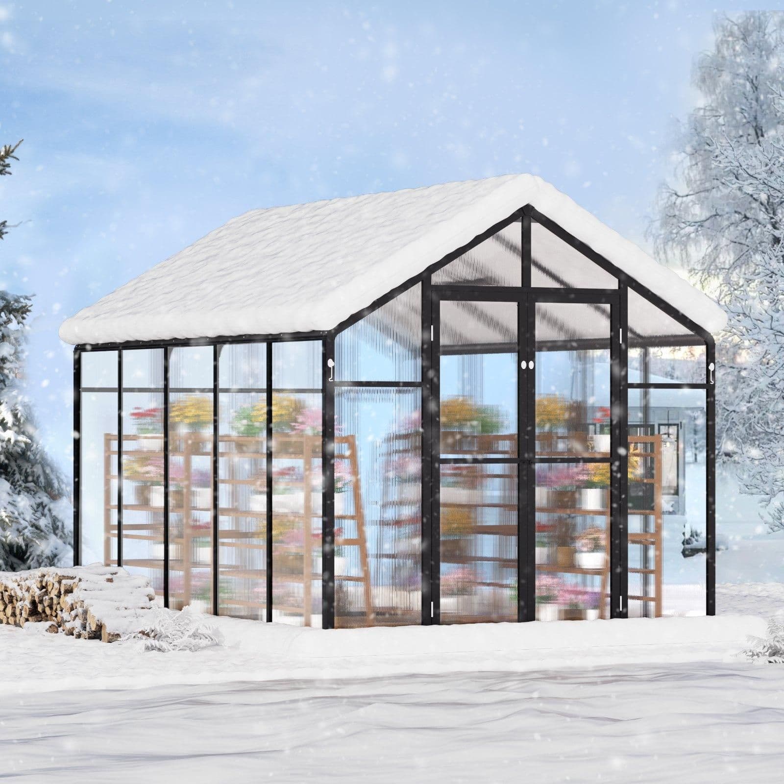 image-VEVOR Polycarbonate Greenhouse, 8 x 10 Ft, Outdoor Greenhouse with 2 Vent Windows, Pavilion Styled Greenhouse with Hinged Door, Aluminum Large Walk-in Greenhouse Kit for Outside Garden Backyard