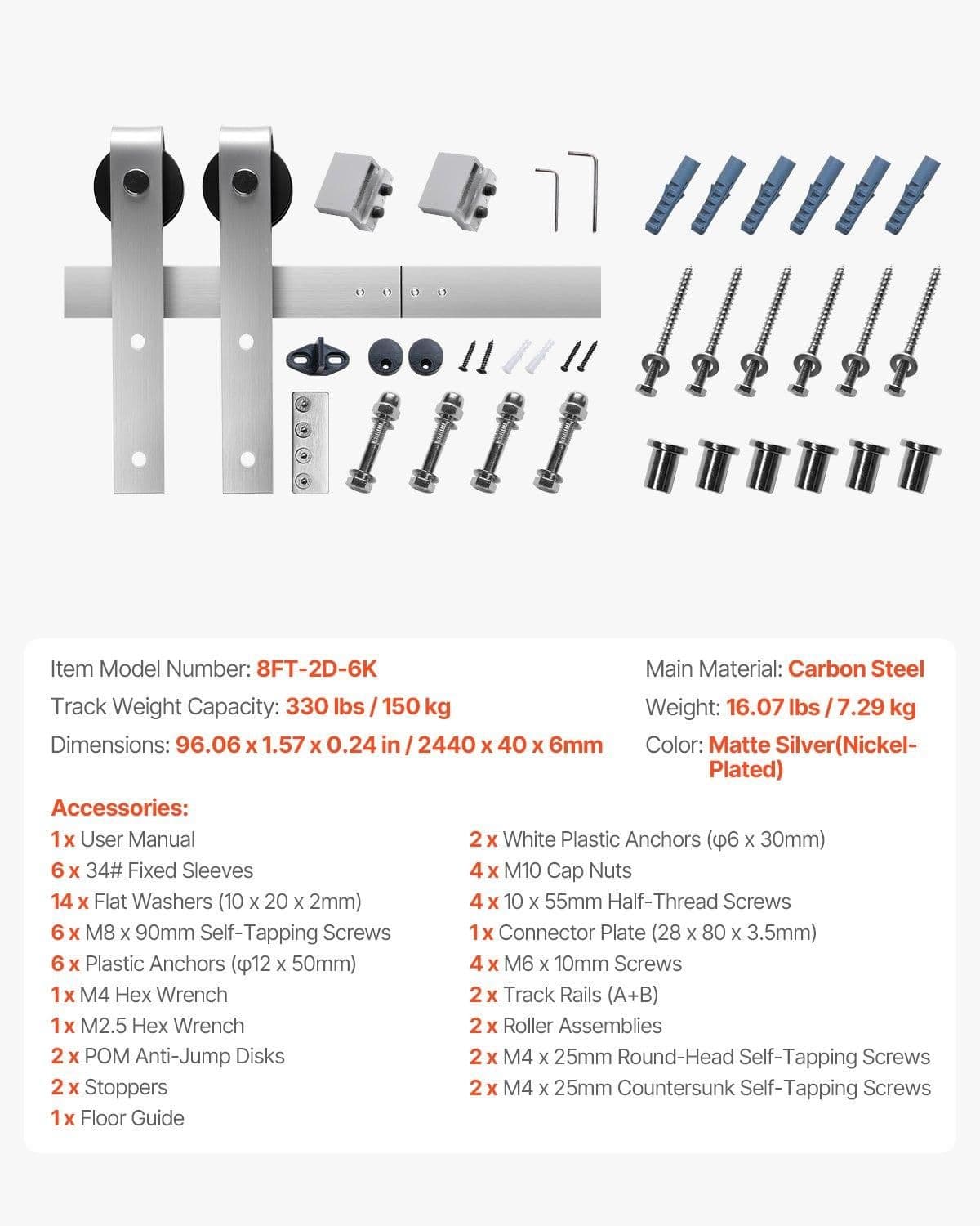 image-VEVOR 8FT Sliding Barn Door Hardware Kit, 330 LBS Weight Capacity, Compatible with 42 to 48 Inches Width & 1-3/8 to 1-3/4 Inches Thickness Single Sliding Barn Door, Durable Track & J-shape Roller