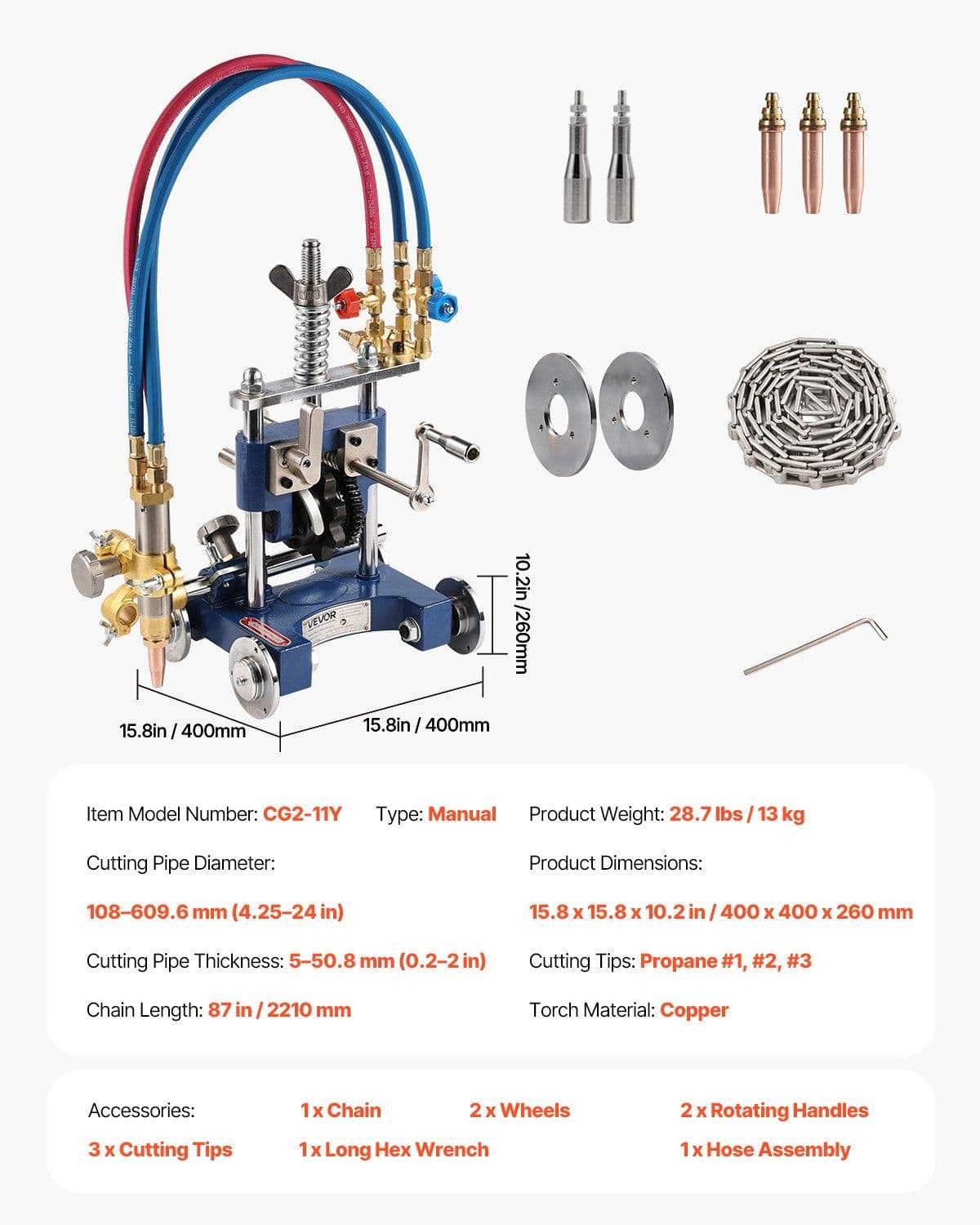 image-VEVOR CG2-11Y Manual Pipe Cutting Machine, 0.2"-2" Thick Pipe Beveling Machine with 82-in Chain, 0°-45° Adjusted Angle Gas Cutting Machine with 3 Tips, Portable Torch Beveling Gas Cutter