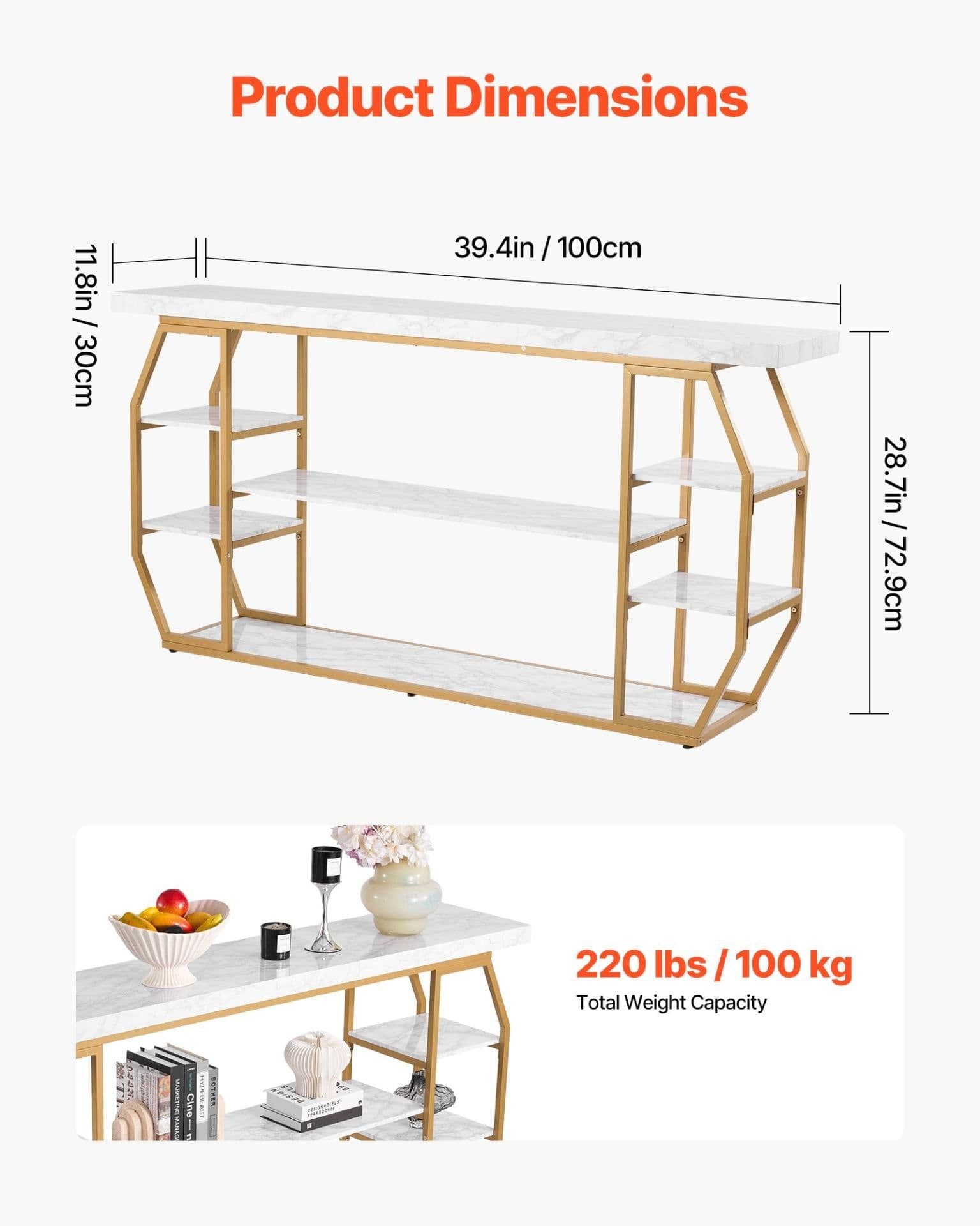 image-VEVOR Marble Console Table, 3 Tiers Modern Console Table for Open Storage, Golden Geometric Table with Iron Tubes, Anti-Tip Device and Triangular Support for Living Room, Hallway, Entryway, Foyer