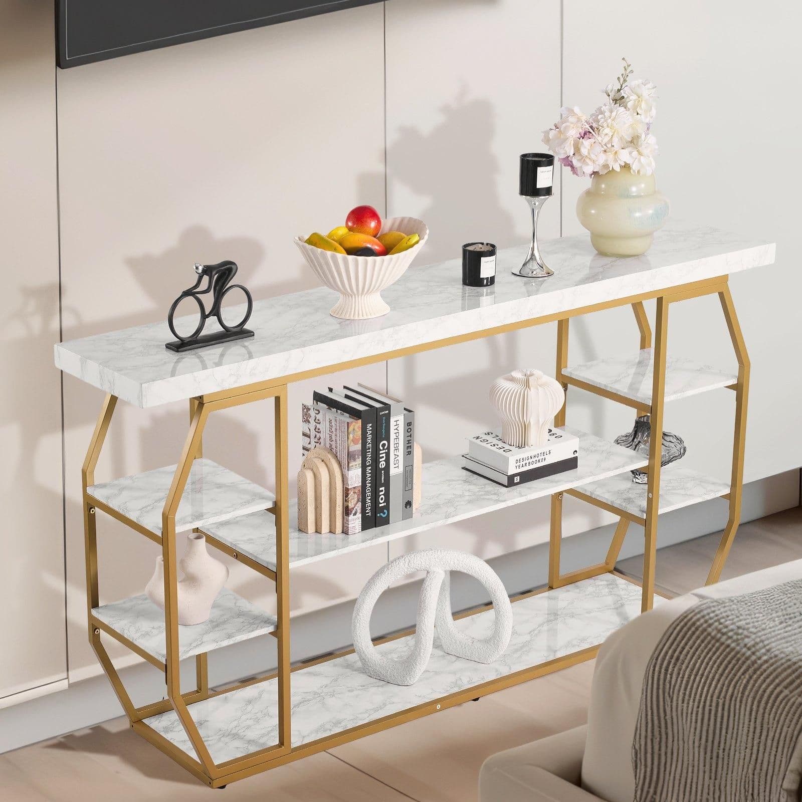 image-VEVOR Marble Console Table, 3 Tiers Modern Console Table for Open Storage, Golden Geometric Table with Iron Tubes, Anti-Tip Device and Triangular Support for Living Room, Hallway, Entryway, Foyer
