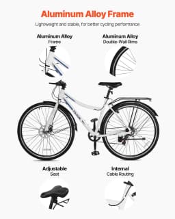 image-VEVOR Hybrid Bike, Lightweight Aluminum Frame Bike, 700c Wheel Men and Women Hybrid Bicycle, Step-Through Adult Urban City Commuter Bikes with 7-Speed Shimano Drivetrain, Dual Brake, Adjustable Seat