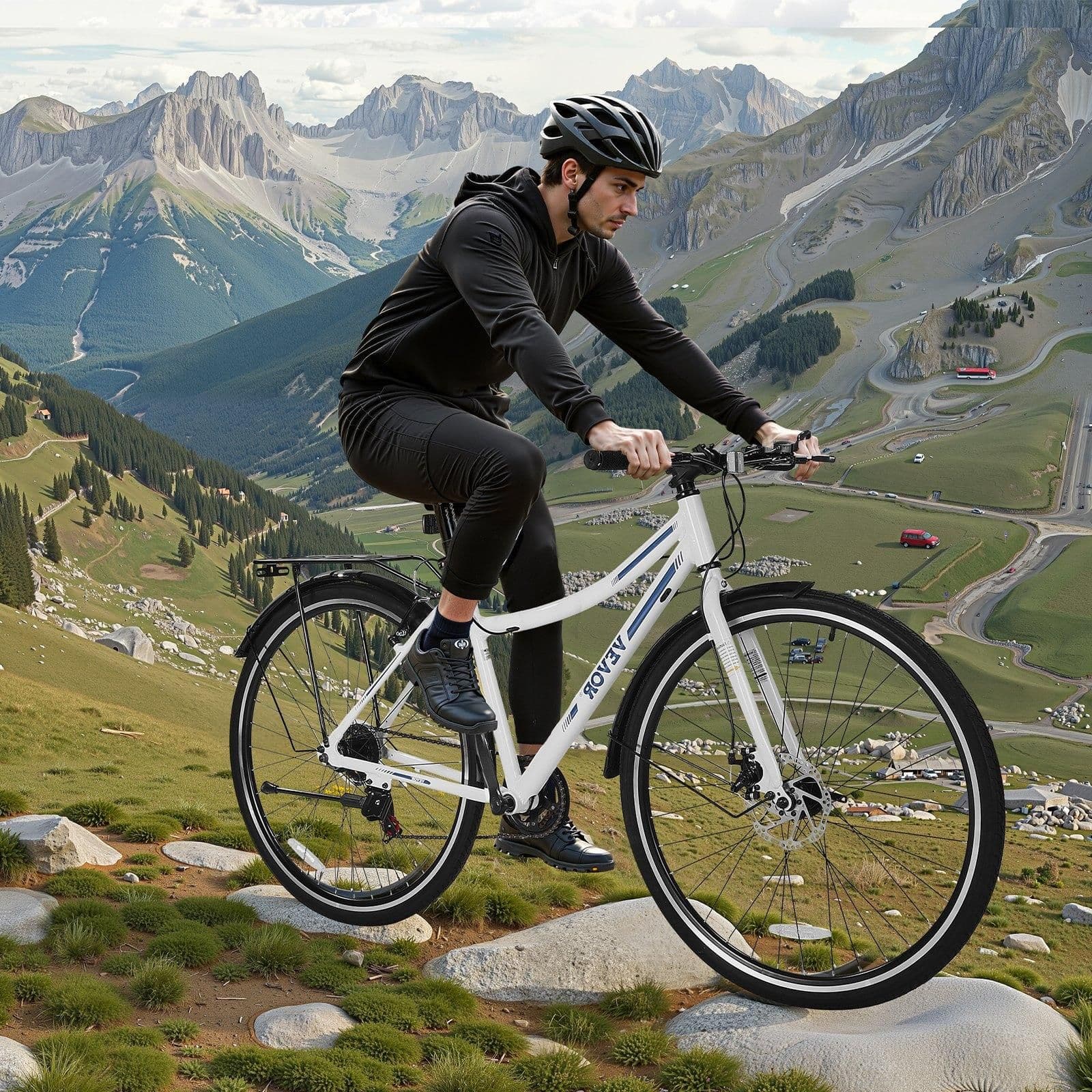 image-VEVOR Hybrid Bike, Lightweight Aluminum Frame Bike, 700c Wheel Men and Women Hybrid Bicycle, Step-Through Adult Urban City Commuter Bikes with 7-Speed Shimano Drivetrain, Dual Brake, Adjustable Seat