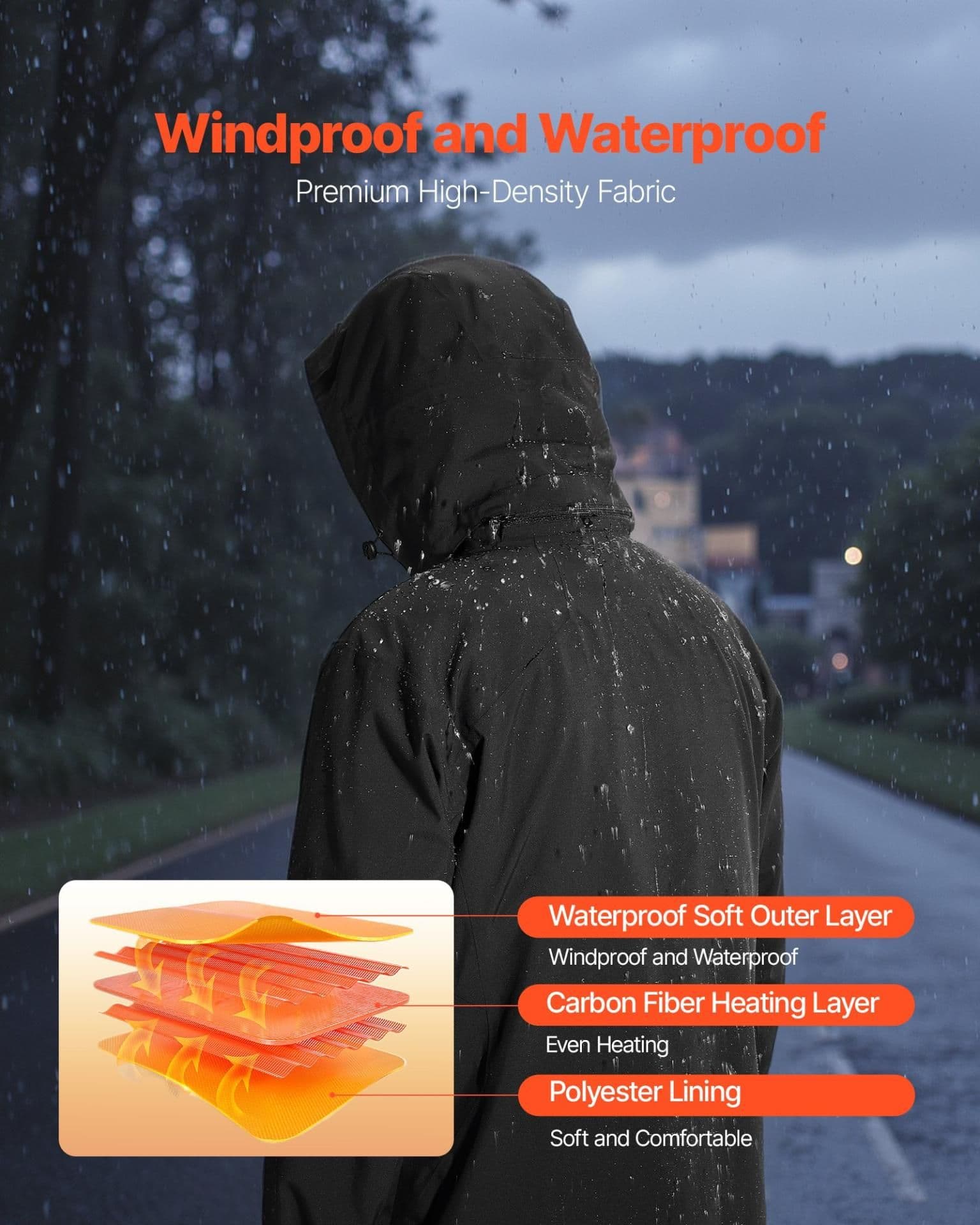 image-VEVOR Heated Jacket for Men with 7.4V Battery, Soft Shell Electric Heating Coat, Windproof Waterproof Lightweight Outerwear with 5 Heating Zones & 3 Heat Settings, Machine Washable