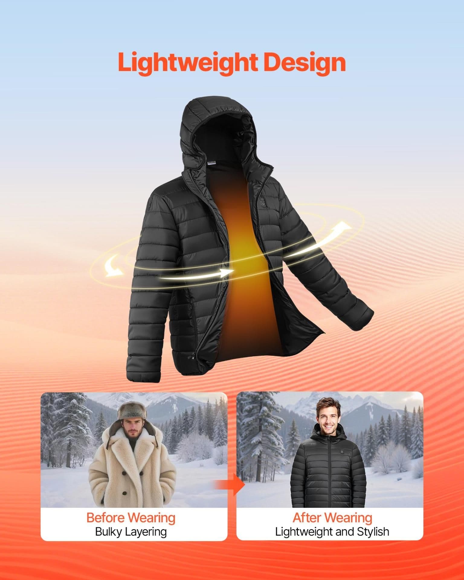 image-VEVOR Heated Jacket for Men with 7.4V Battery, Soft Shell Electric Heating Coat, Windproof Lightweight Outerwear with 6 Heating Zones & 3 Heat Settings for Hiking, Outdoor Work, Black