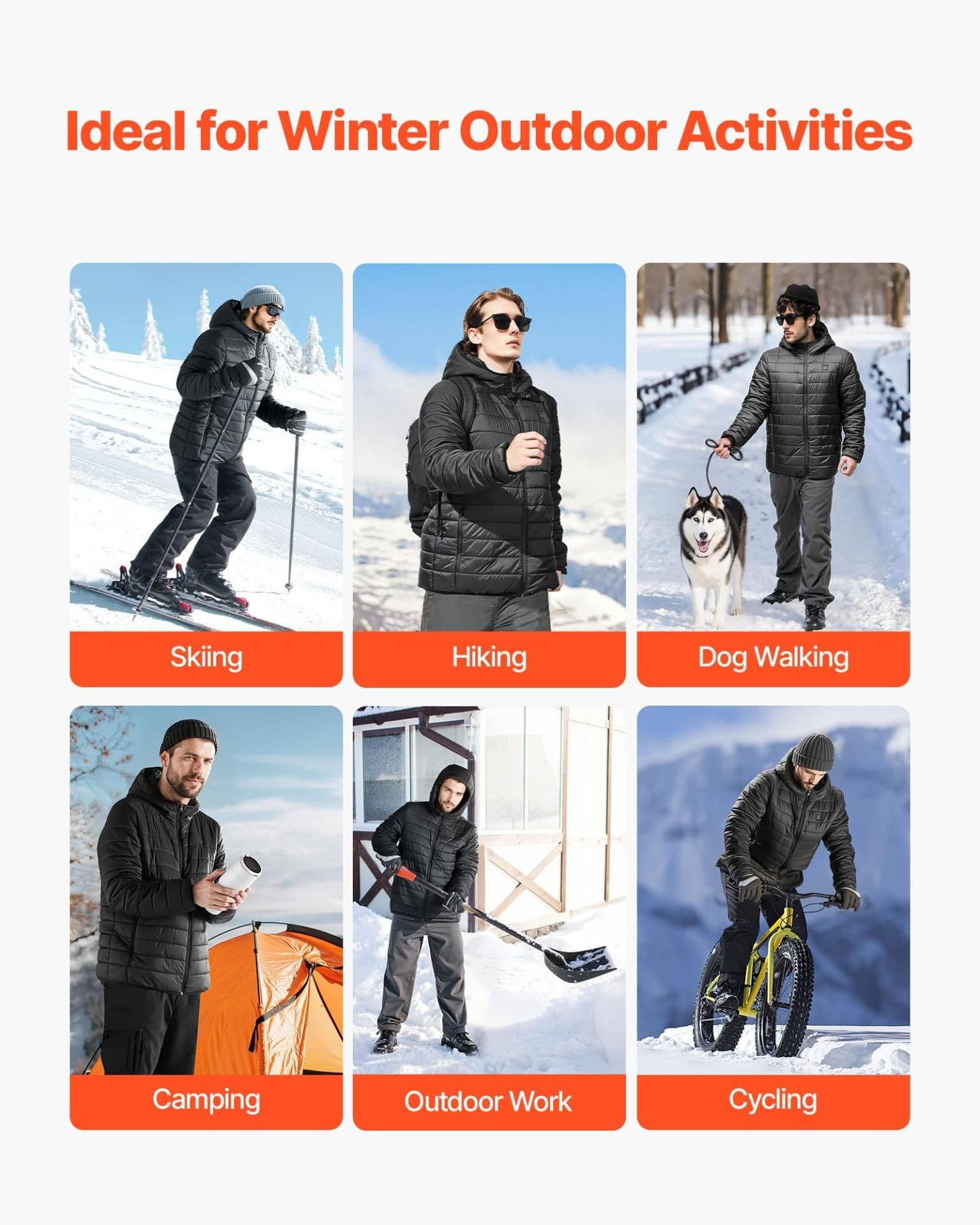 image-VEVOR Heated Jacket for Men with 7.4V Battery, Soft Shell Electric Heating Coat, Windproof Lightweight Outerwear with 6 Heating Zones & 3 Heat Settings for Hiking, Outdoor Work, Black