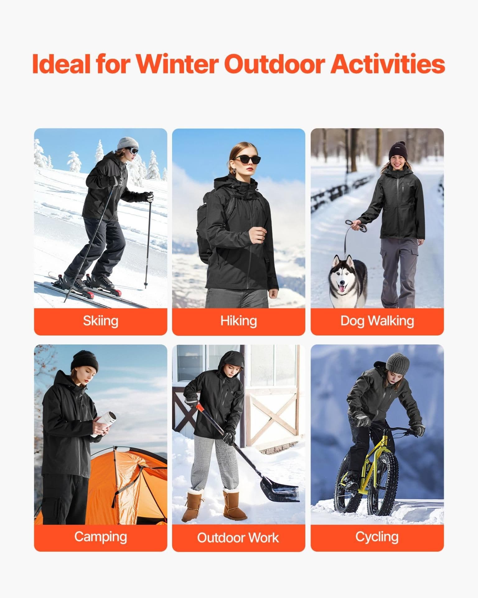 image-VEVOR Heated Jacket for Women with 7.4V Battery, Soft Shell Electric Heating Coat, Windproof Waterproof Lightweight Outerwear with 5 Heating Zones & 3 Heat Settings, Machine Washable