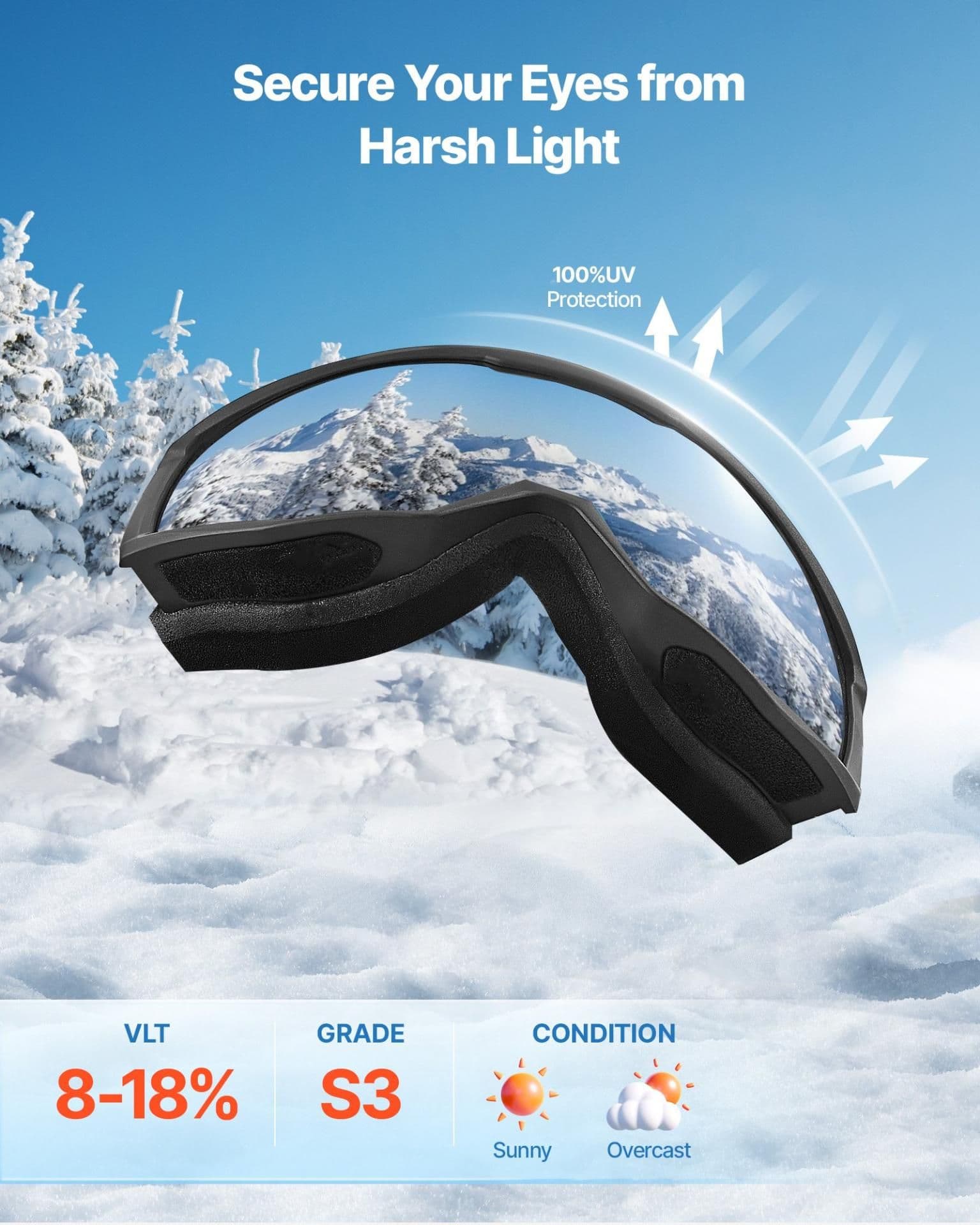 image-VEVOR Ski Goggles, Cylindrical Lens with Ice Blue Revo Coating, OTG Anti fog Snow Goggles for Men Women Youth, TPU Frame & Ventilation Structure, Suitable for Skiing, Skating, Snowboarding, Cycling