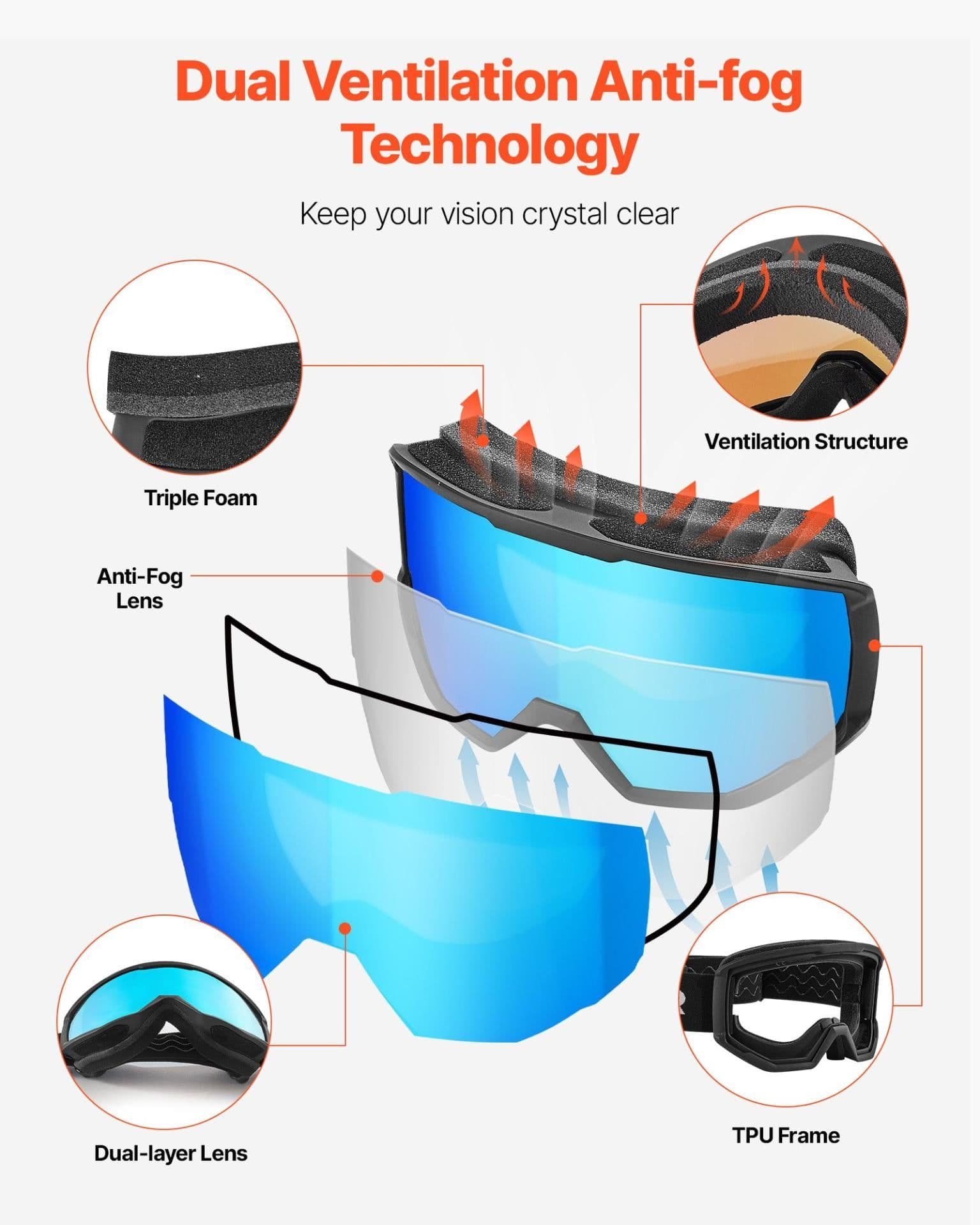 image-VEVOR Ski Goggles, Cylindrical Lens with Ice Blue Revo Coating, OTG Anti fog Snow Goggles for Men Women Youth, TPU Frame & Ventilation Structure, Suitable for Skiing, Skating, Snowboarding, Cycling