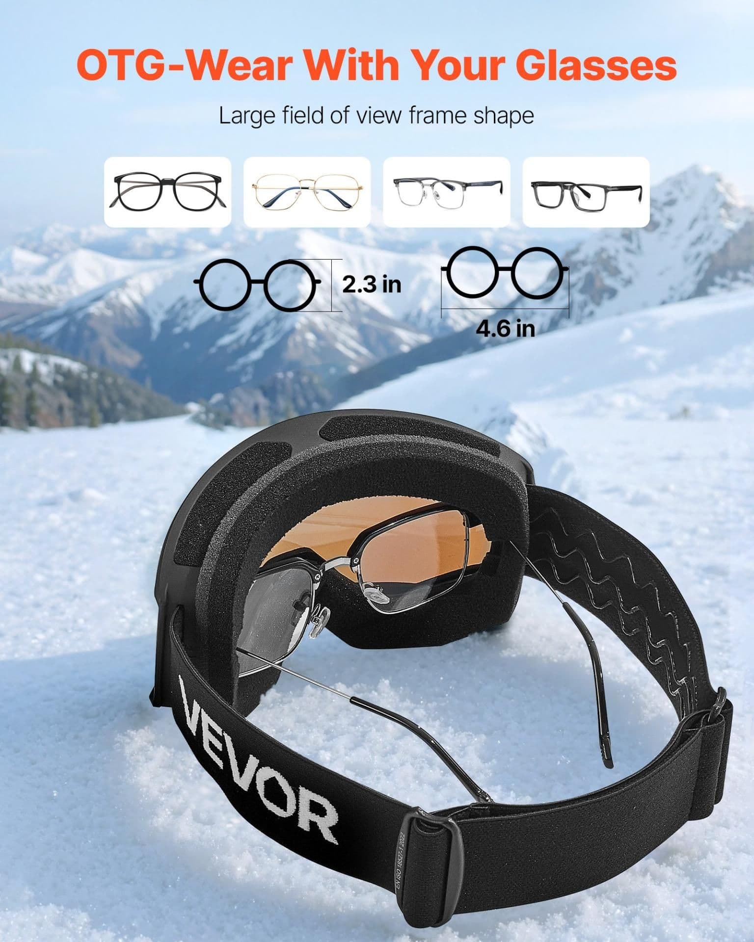 image-VEVOR Ski Goggles, Cylindrical Lens with Ice Blue Revo Coating, OTG Anti fog Snow Goggles for Men Women Youth, TPU Frame & Ventilation Structure, Suitable for Skiing, Skating, Snowboarding, Cycling