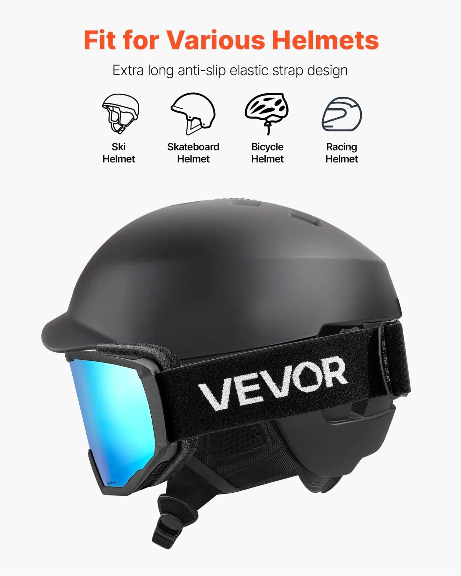 image-VEVOR Ski Goggles, Cylindrical Lens with Ice Blue Revo Coating, OTG Anti fog Snow Goggles for Men Women Youth, TPU Frame & Ventilation Structure, Suitable for Skiing, Skating, Snowboarding, Cycling