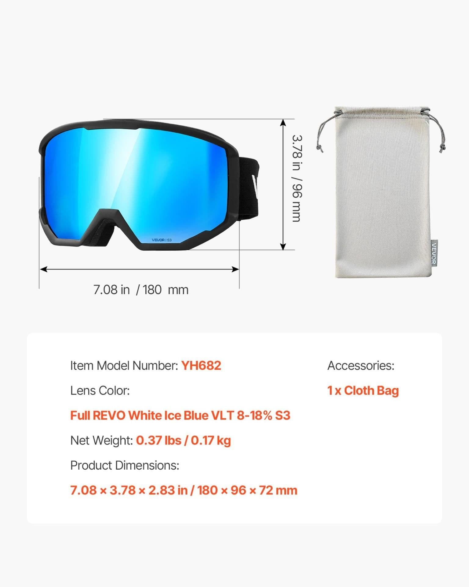 image-VEVOR Ski Goggles, Cylindrical Lens with Ice Blue Revo Coating, OTG Anti fog Snow Goggles for Men Women Youth, TPU Frame & Ventilation Structure, Suitable for Skiing, Skating, Snowboarding, Cycling