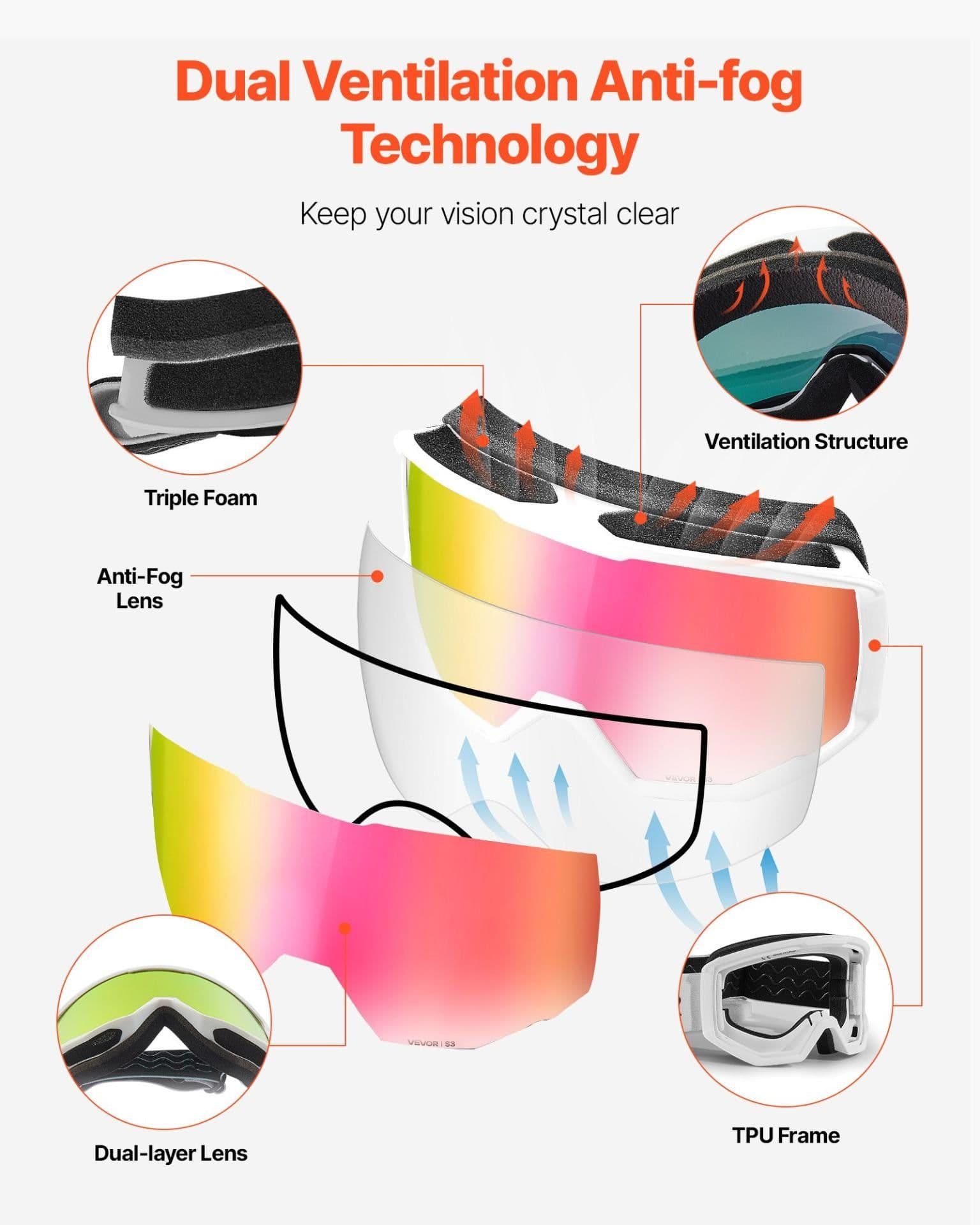 image-VEVOR Ski Goggles, Cylindrical Lens with Pink Revo Coating, OTG Anti fog Snow Goggles for Men Women Youth, TPU Frame & Ventilation Structure, Suitable for Skiing, Skating, Snowboarding, Cycling