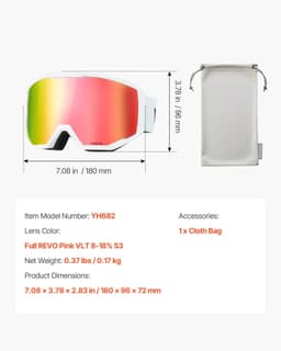 image-VEVOR Ski Goggles, Cylindrical Lens with Pink Revo Coating, OTG Anti fog Snow Goggles for Men Women Youth, TPU Frame & Ventilation Structure, Suitable for Skiing, Skating, Snowboarding, Cycling