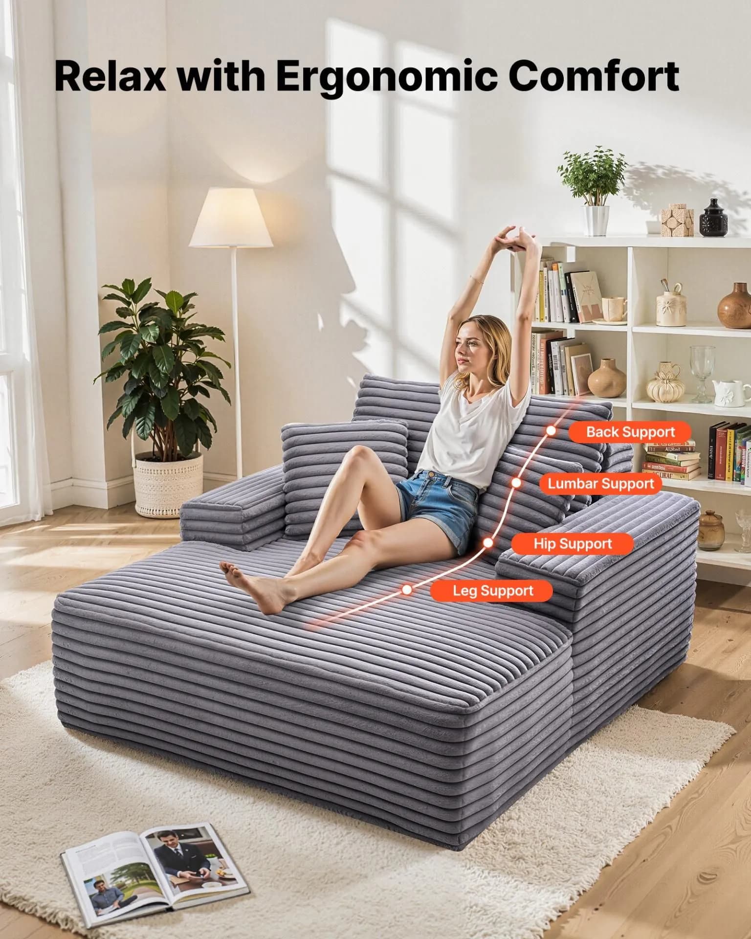 image-VEVOR Chaise Lounge Chair, 48 in Boneless Chaise Lounge Indoor, Modern Upholstered Oversized Reading Chair with Throw Pillows & Armrests, Sofa Couch Deep Seat Sleeper for Living Room, Bedroom, Balcony