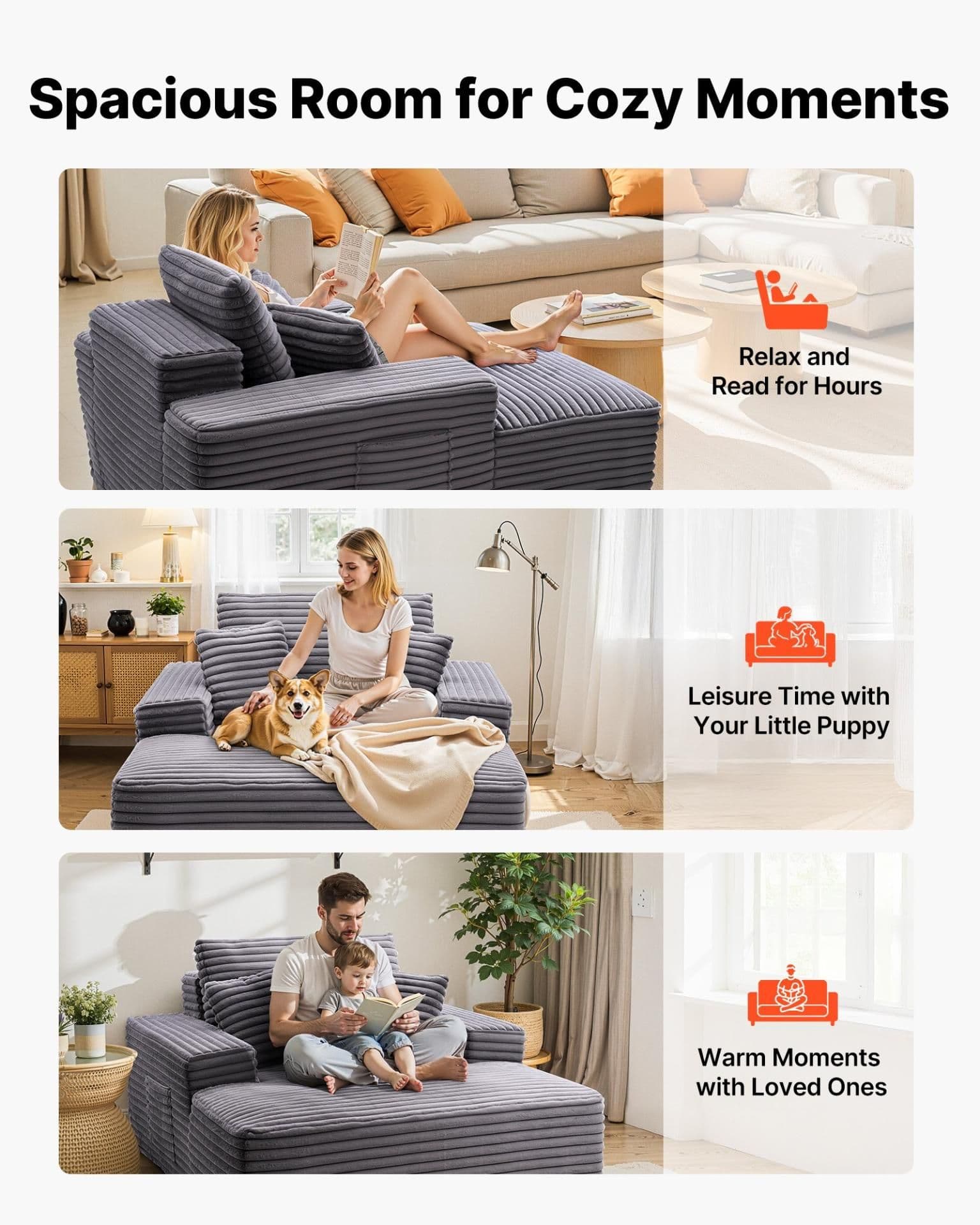 image-VEVOR Chaise Lounge Chair, 48 in Boneless Chaise Lounge Indoor, Modern Upholstered Oversized Reading Chair with Throw Pillows & Armrests, Sofa Couch Deep Seat Sleeper for Living Room, Bedroom, Balcony