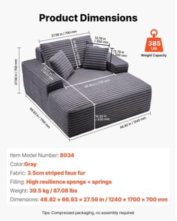 image-VEVOR Chaise Lounge Chair, 48 in Boneless Chaise Lounge Indoor, Modern Upholstered Oversized Reading Chair with Throw Pillows & Armrests, Sofa Couch Deep Seat Sleeper for Living Room, Bedroom, Balcony