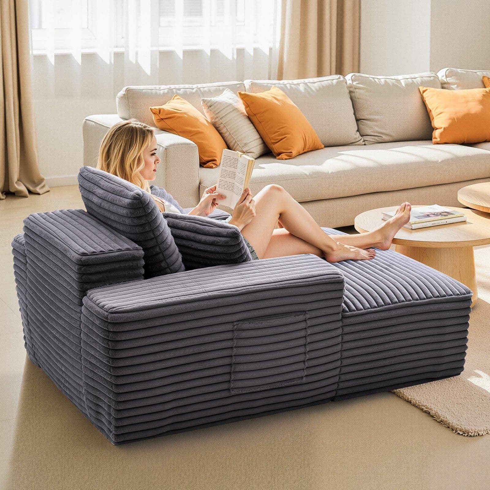 image-VEVOR Chaise Lounge Chair, 48 in Boneless Chaise Lounge Indoor, Modern Upholstered Oversized Reading Chair with Throw Pillows & Armrests, Sofa Couch Deep Seat Sleeper for Living Room, Bedroom, Balcony