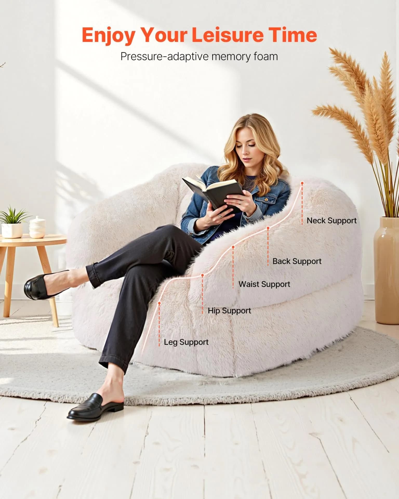 image-VEVOR Bean Bag Chair, BeanBag Sofa Chair with Armrests for Adults, Fluffy Plush & High-Density Foam Filling Adult Bean Bag with Zapper, Comfy Lazy Sofa Chair Ideal for Living Room, Bedroom, Beige