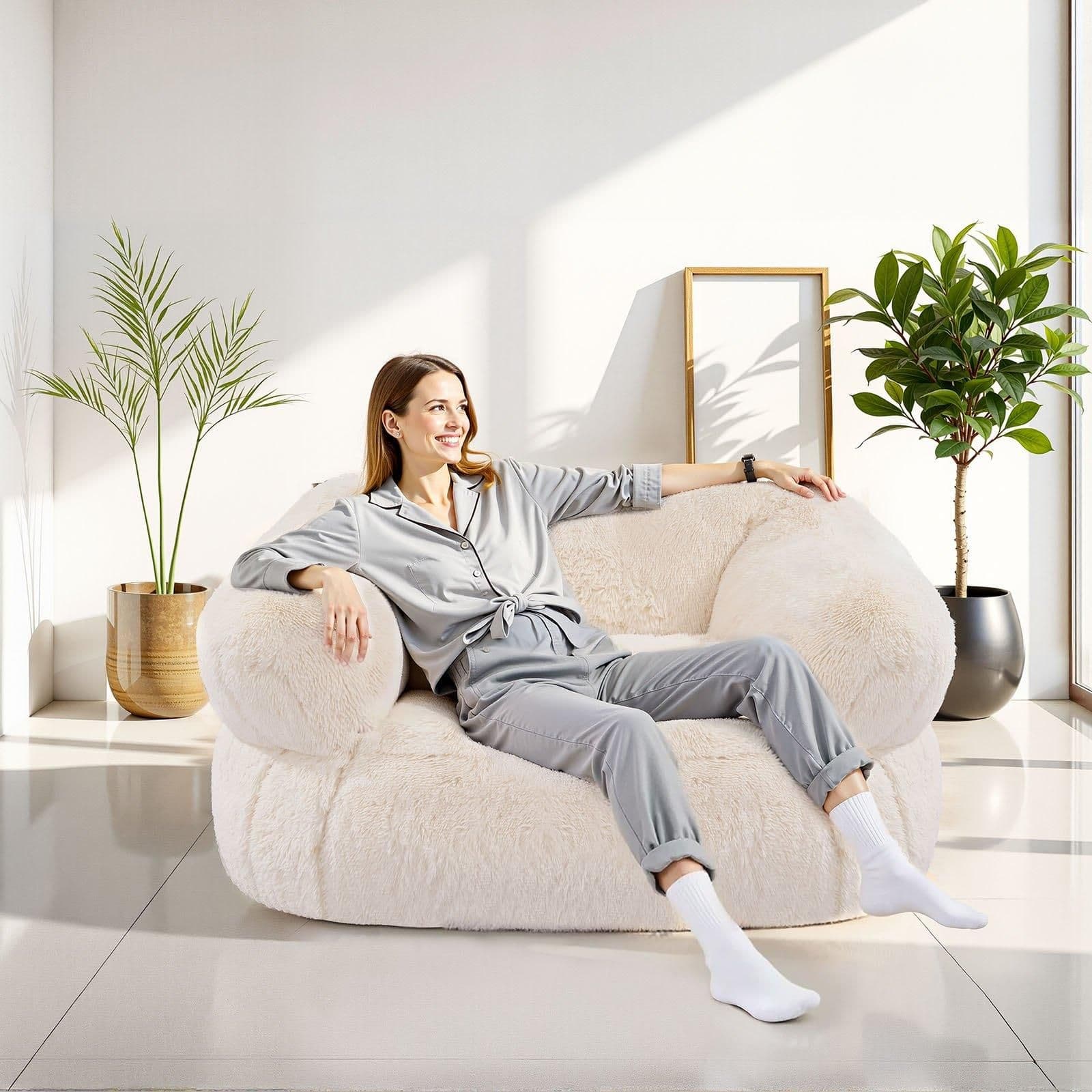image-VEVOR Bean Bag Chair, BeanBag Sofa Chair with Armrests for Adults, Fluffy Plush & High-Density Foam Filling Adult Bean Bag with Zapper, Comfy Lazy Sofa Chair Ideal for Living Room, Bedroom, Beige