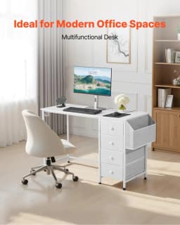 image-VEVOR Computer Desk with Fabric Drawers, 47 Inch Reversible Study Work Writing Desk for Modern Home Office Bedroom, Simple Modern Cute PC Table Metal Frame Business Furniture, White