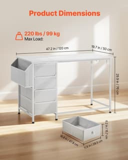 image-VEVOR Computer Desk with Fabric Drawers, 47 Inch Reversible Study Work Writing Desk for Modern Home Office Bedroom, Simple Modern Cute PC Table Metal Frame Business Furniture, White