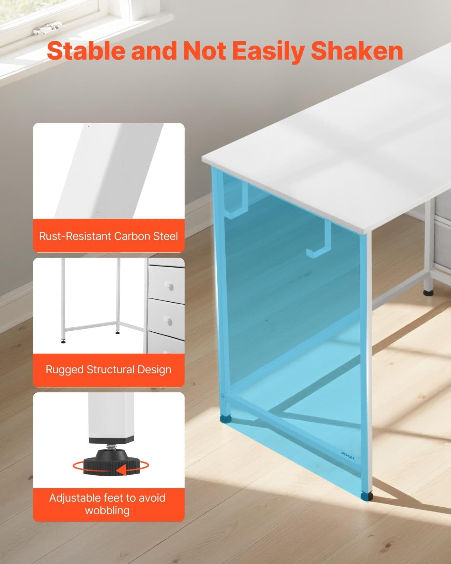image-VEVOR Computer Desk with Fabric Drawers, 47 Inch Reversible Study Work Writing Desk for Modern Home Office Bedroom, Simple Modern Cute PC Table Metal Frame Business Furniture, White
