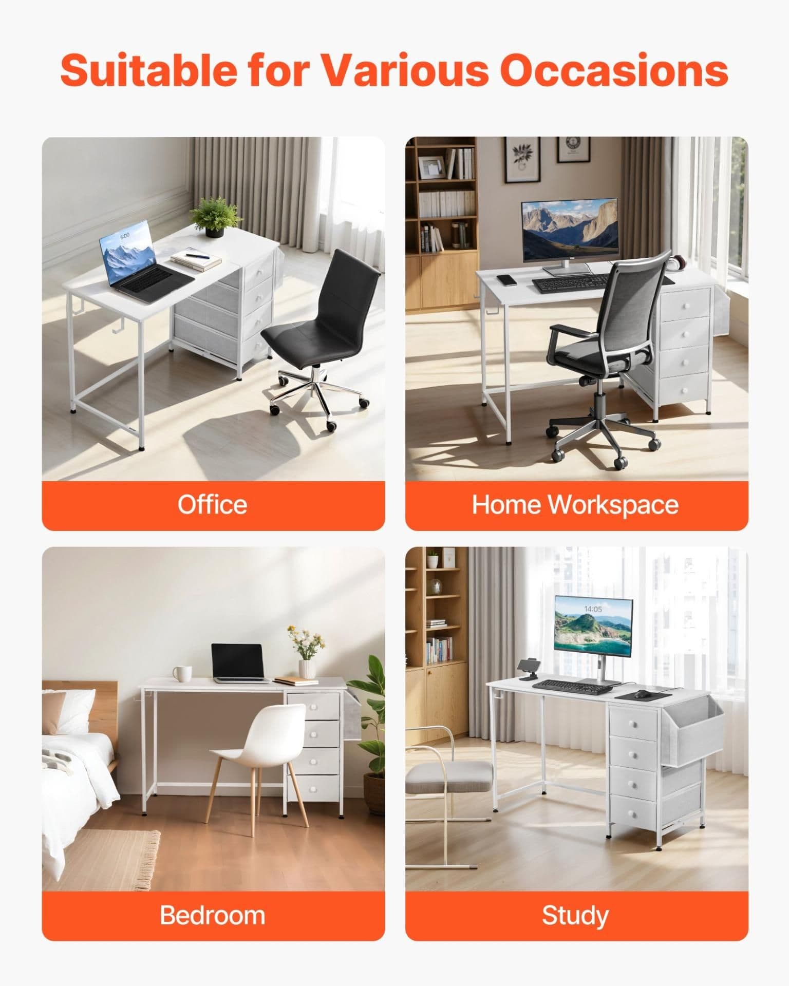 image-VEVOR Computer Desk with Fabric Drawers, 47 Inch Reversible Study Work Writing Desk for Modern Home Office Bedroom, Simple Modern Cute PC Table Metal Frame Business Furniture, White