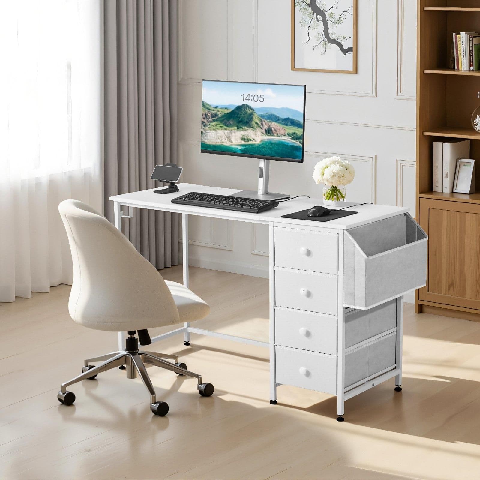 image-VEVOR Computer Desk with Fabric Drawers, 47 Inch Reversible Study Work Writing Desk for Modern Home Office Bedroom, Simple Modern Cute PC Table Metal Frame Business Furniture, White