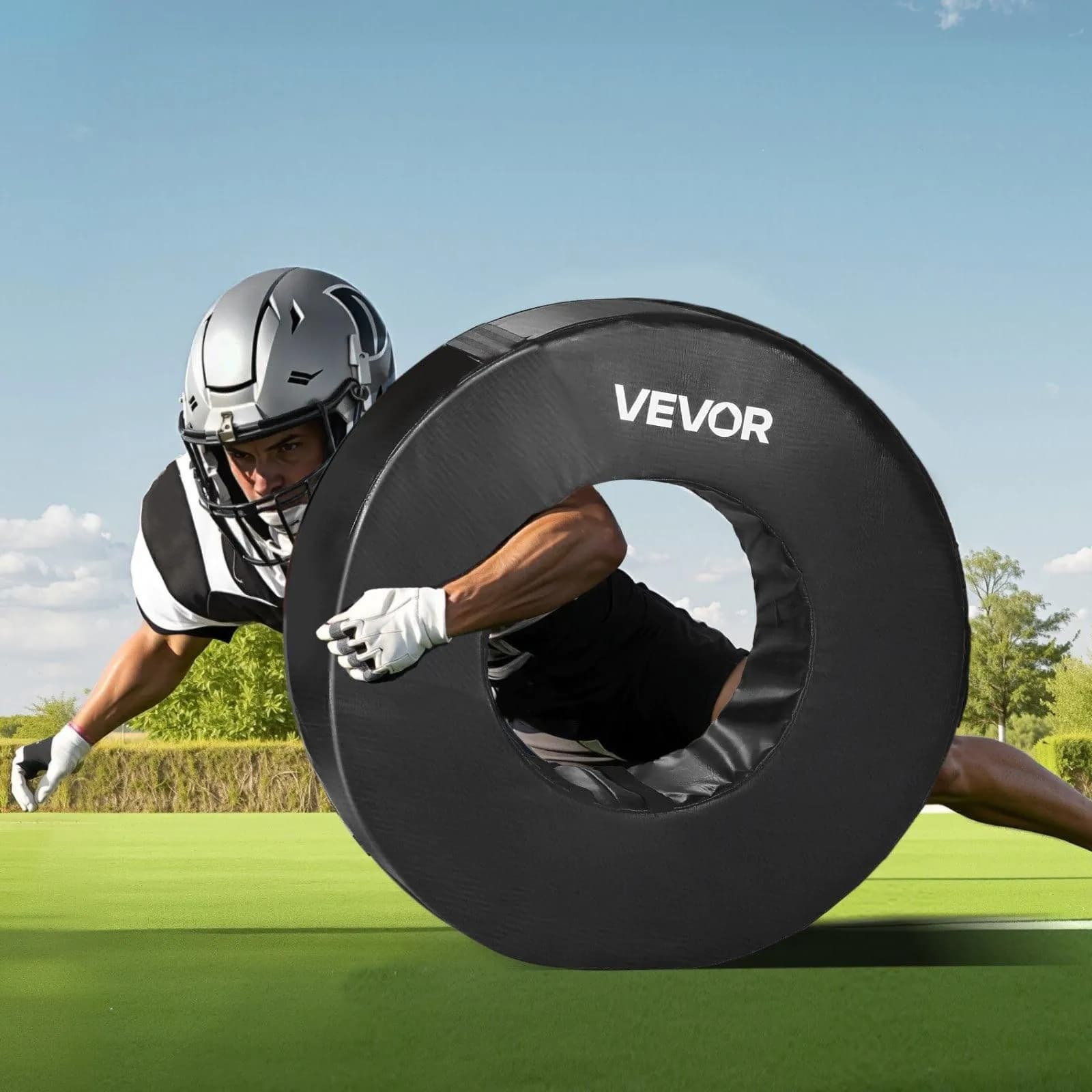 image-VEVOR Football Tackle Wheel, Football Tackling Dummy, Waterproof PVC and High-Density Sponge Tackle Ring, Dummies Training Equipment with Straps, for Blocking, Hitting Drills and Practice, Black, 1PCS