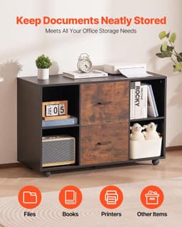 image-VEVOR 2 Drawer Wooden File Cabinet, Mobile Filing Cabinet with Open Shelves, Lateral Rolling File Storage with Lockable Wheels, Modern Free Standing Printer Stand for Home, Office, School, Black