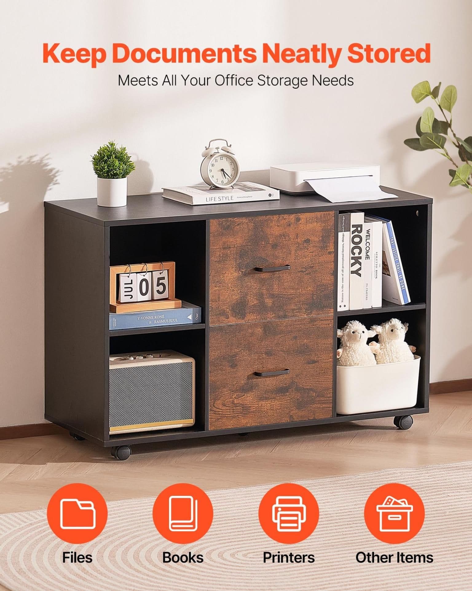 image-VEVOR 2 Drawer Wooden File Cabinet, Mobile Filing Cabinet with Open Shelves, Lateral Rolling File Storage with Lockable Wheels, Modern Free Standing Printer Stand for Home, Office, School, Black