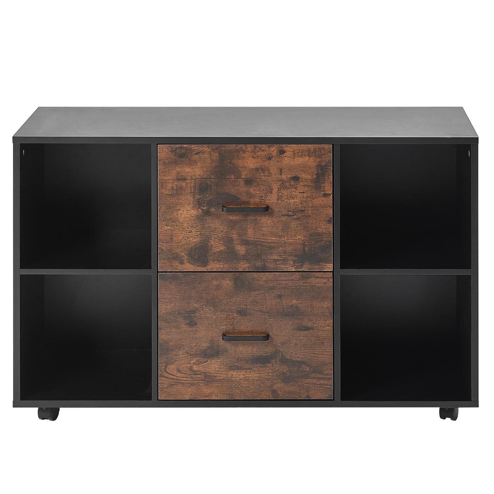 image-VEVOR 2 Drawer Wooden File Cabinet, Mobile Filing Cabinet with Open Shelves, Lateral Rolling File Storage with Lockable Wheels, Modern Free Standing Printer Stand for Home, Office, School, Black