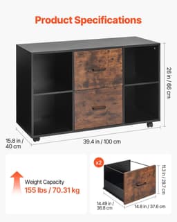image-VEVOR 2 Drawer Wooden File Cabinet, Mobile Filing Cabinet with Open Shelves, Lateral Rolling File Storage with Lockable Wheels, Modern Free Standing Printer Stand for Home, Office, School, Black