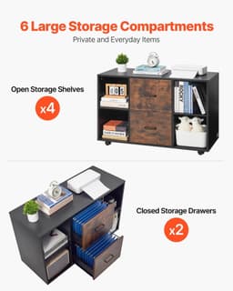 image-VEVOR 2 Drawer Wooden File Cabinet, Mobile Filing Cabinet with Open Shelves, Lateral Rolling File Storage with Lockable Wheels, Modern Free Standing Printer Stand for Home, Office, School, Black